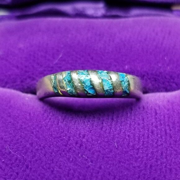 Vintage Sterling Silver Blue Inlaid Band Ring, Size 5 Band, Made in Mexico